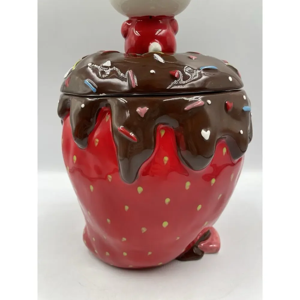 Hello Kitty Cookie Jar Blue Sky Ceramic Chocolate Strawberry With Lid NEW
